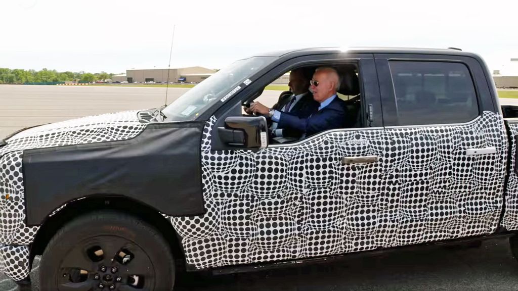 President Joe Biden test drives the Ford F-150 Lightning all-electric pick up at the automaker's Rouge Electric Vehicle Center in Dearborn, Mich., on May 18, 2021. (The White House)