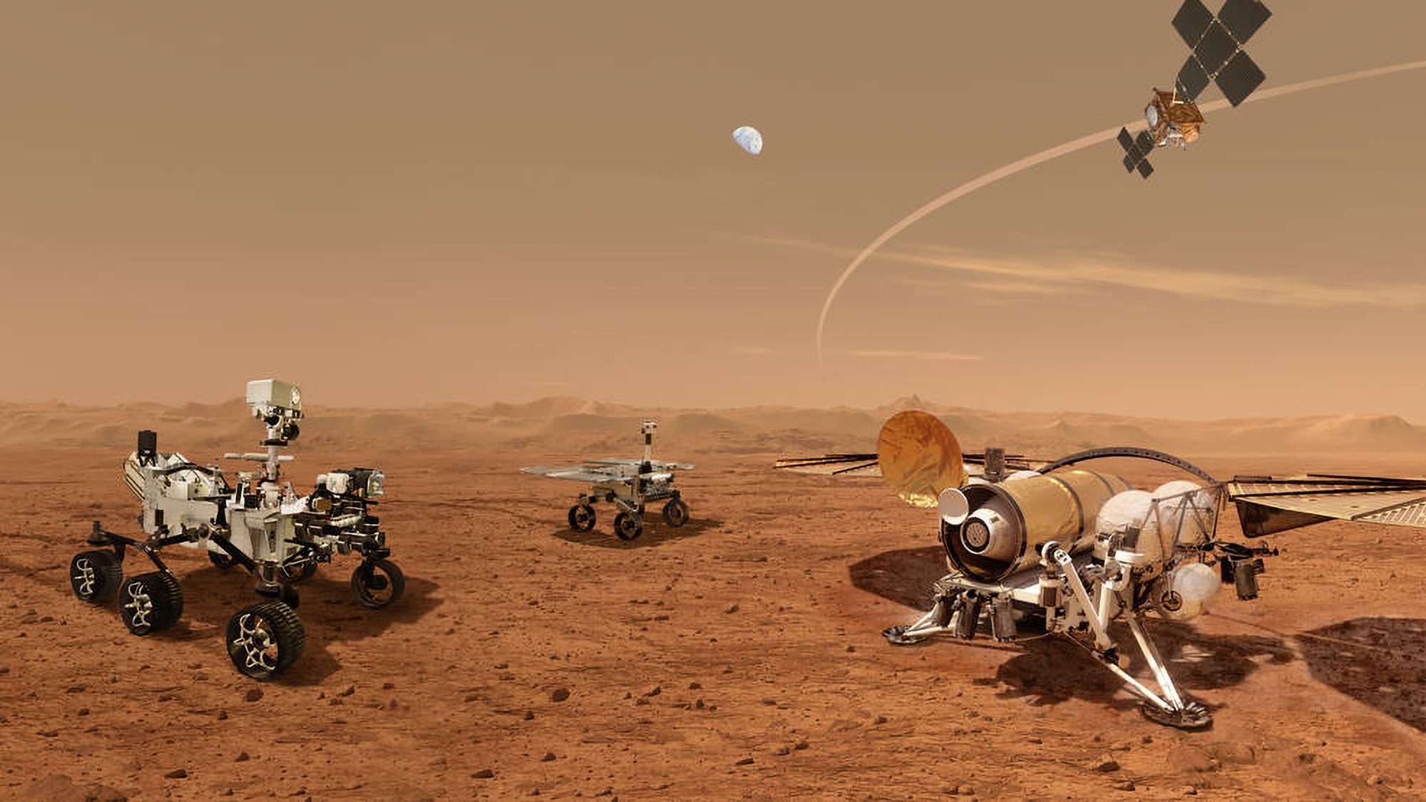 This illustration from NASA's website shows future robots working together to ferry back samples taken from Mars' surface for study on Earth. (NASA, ESA, JPL-Caltech/Zenger) 